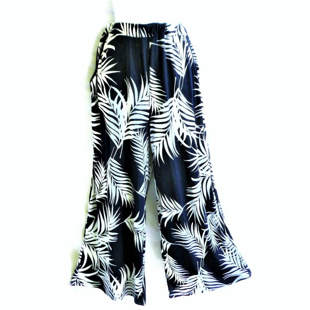 Vintage Y2K Pants Blue Wide Leg Textured White Fronds Elastic High Waist XL